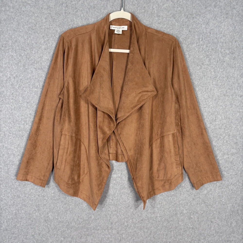 Faux Suede Moto Jacket 10P‎ Stretch Pockets Open Drape Waterfall Camel Boho